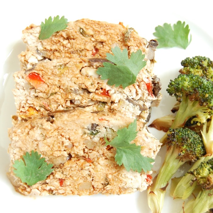 close up of Asian-style turkey meatloaf on dinner plate