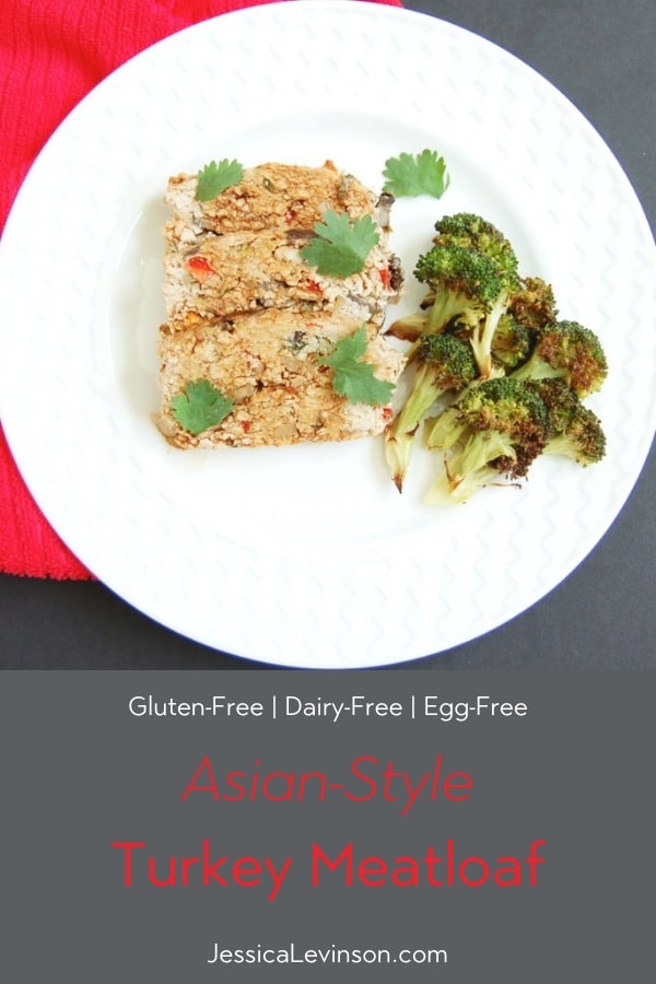 Asian-Style Turkey Meatloaf on plate with broccoli with title overlay