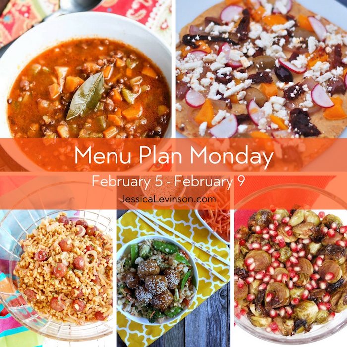 Menu Plan Monday week of February 5, 2018, including Greek lentil soup, Mediterranean hummus flatbread, roasted grape farro salad, Asian meatballs with veggie fried rice, and roasted Brussels sprouts with pomegranate glaze.