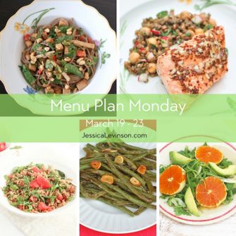 Menu Plan Monday week of March 19, 2018, including peanut soba noodles with crispy baked tofu and vegetables, orange maple salmon, grapefruit farro salad, garlicky green beans, and citrus fennel salad. Get the full menu plan at JessicaLevinson.com.