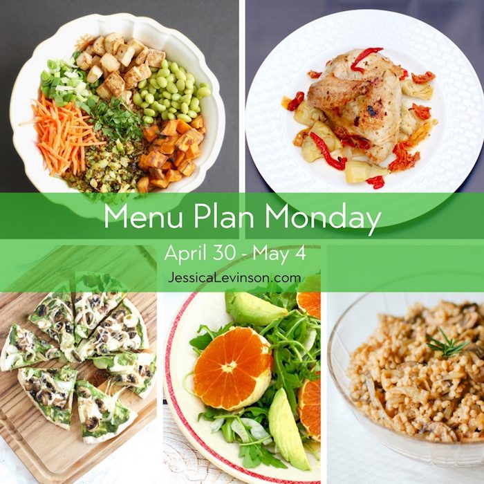 Menu Plan Monday week of April 30, 2018, including Asian Style Farro Buddha Bowl with Crispy Baked Tofu, Roasted Chicken with Peppers, Artichokes, and Sun-Dried Tomatoes, Mushroom Onion Pesto Pizza, Citrus Fennel Salad, and Mushroom Onion Barley. Get the full menu plan at JessicaLevinson.com.