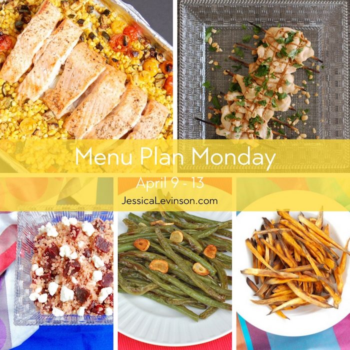 Menu Plan Monday week of April 9, 2018, including Mediterranean Sheet Pan Salmon, Thai Chicken Satay, Beet and Goat Cheese Quinoa Salad, Garlicky Green Beans, and Crispy Baked Sweet Potato Fries. Get the full menu plan at JessicaLevinson.com.
