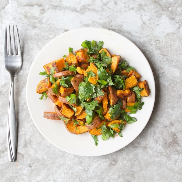 Roasted Sweet Potato Salad on Plate Overhead