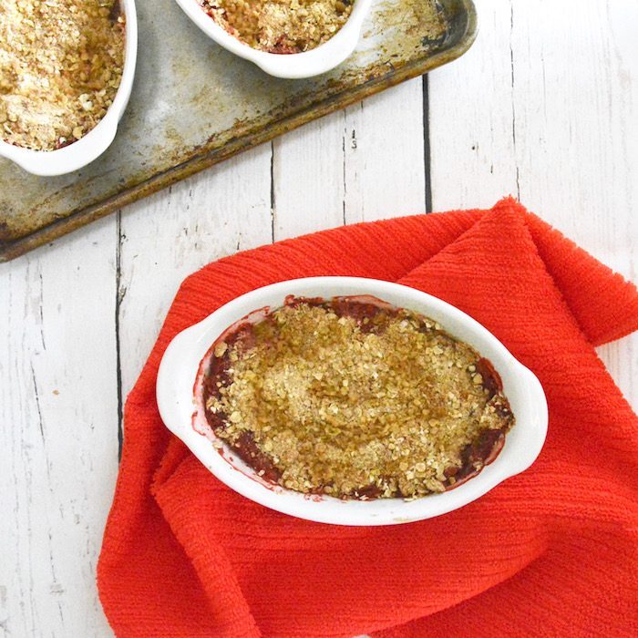 Strawberry Rhubarb Crisp in White Dish