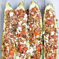 These Vegetarian Greek Lentil Stuffed Zucchini Boats are the ultimate meatless dinner idea to use up that end of summer produce! Get the recipe at JessicaLevinson.com | #Recipe #Vegetarian #Glutenfree #Zucchini #Summer #Meatless #Lentils #Legumes