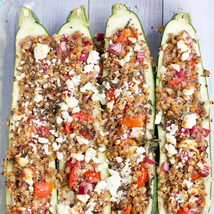 zucchini boats stuffed with lentil quinoa feta salad