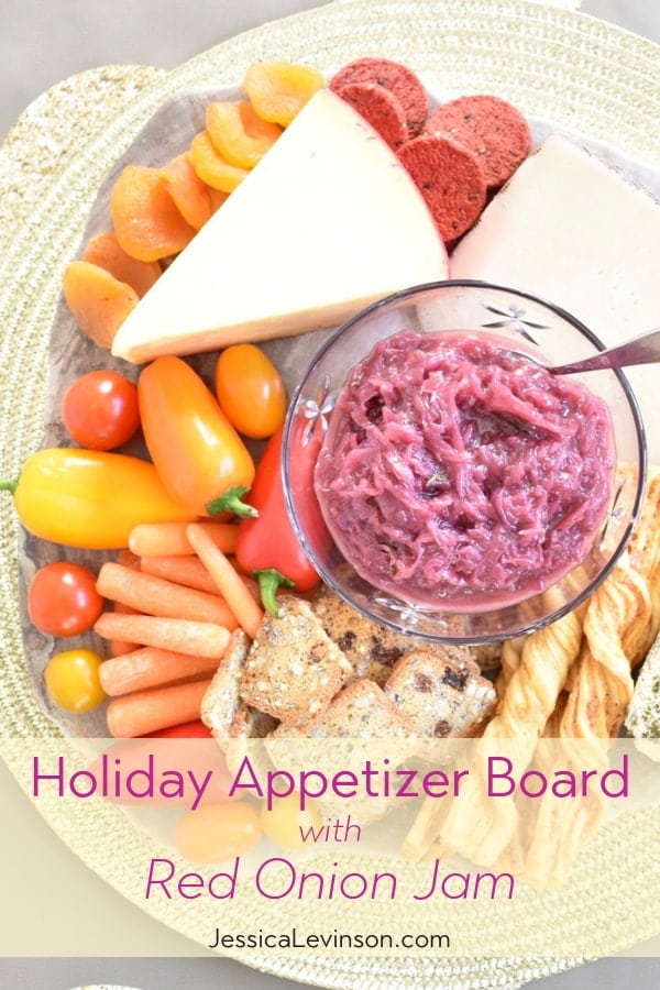 Kick off your holiday gatherings on a delicious foot by serving a beautiful appetizer board including cheeses, veggies, crackers, and a reduced added sugar red onion jam made with SPLENDA Naturals Stevia Sweetener, Granulated (AD). Get the recipe at JessicaLevinson.com | #Holidayrecipes #appetizerrecipes #appetizerboards 