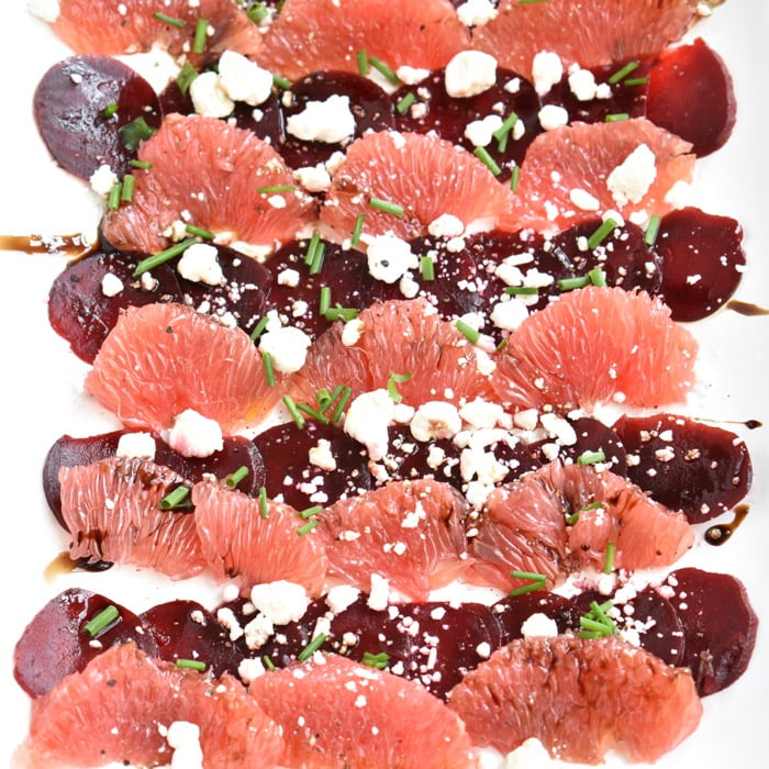 close up of beet & grapefruit carpaccio 