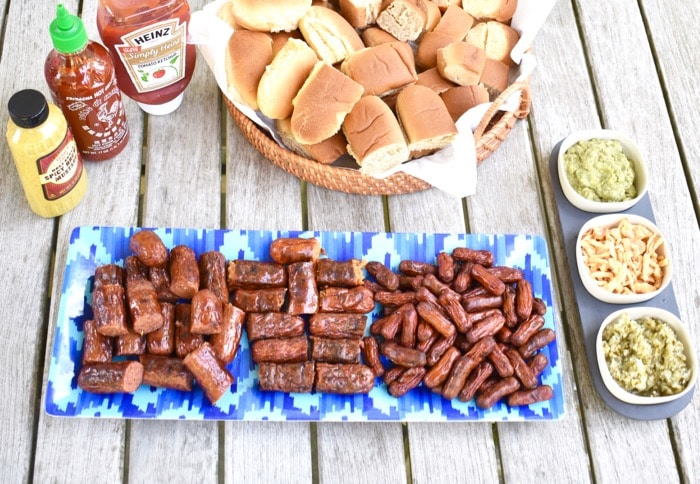 overhead shot of hot dog slider bar for summer barbecue