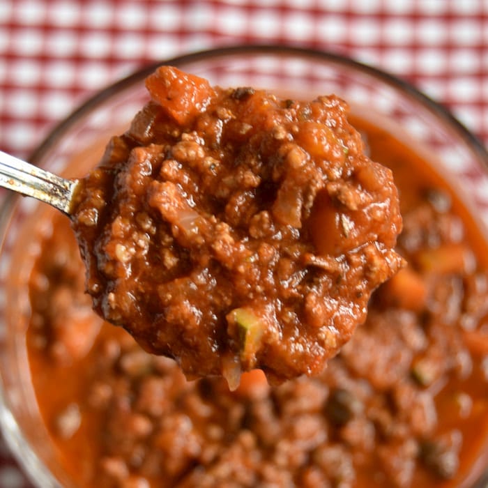 close up of beef bolognese sauce