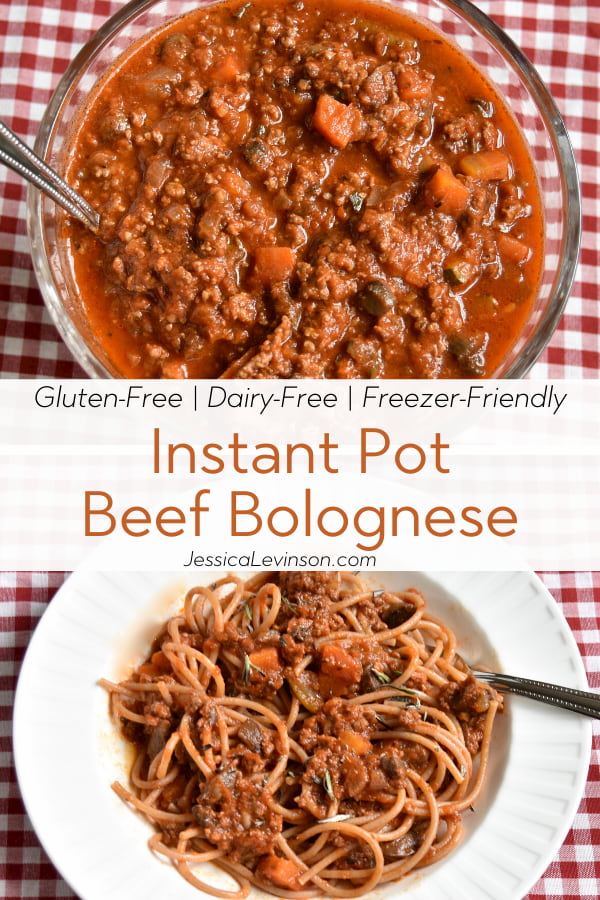 upper picture of dairy-free, gluten-free, freezer-friendly beef bolognese with veggies in serving bowl; bottom picture bowl of spaghetti bolognese