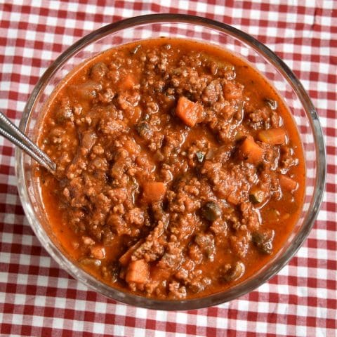 Serving bowl of veggie beef bolognese