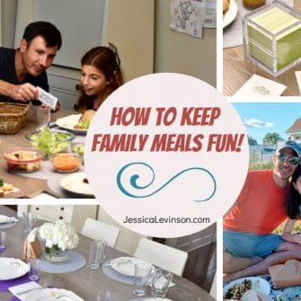 collage of family meals, conversation starter cards, kids eating with parents