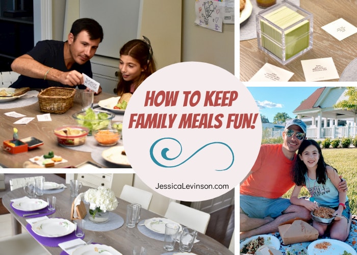 collage of family meals, conversation starter cards, kids eating with parents