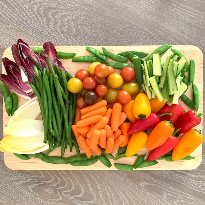 wood graze board with mixed vegetables